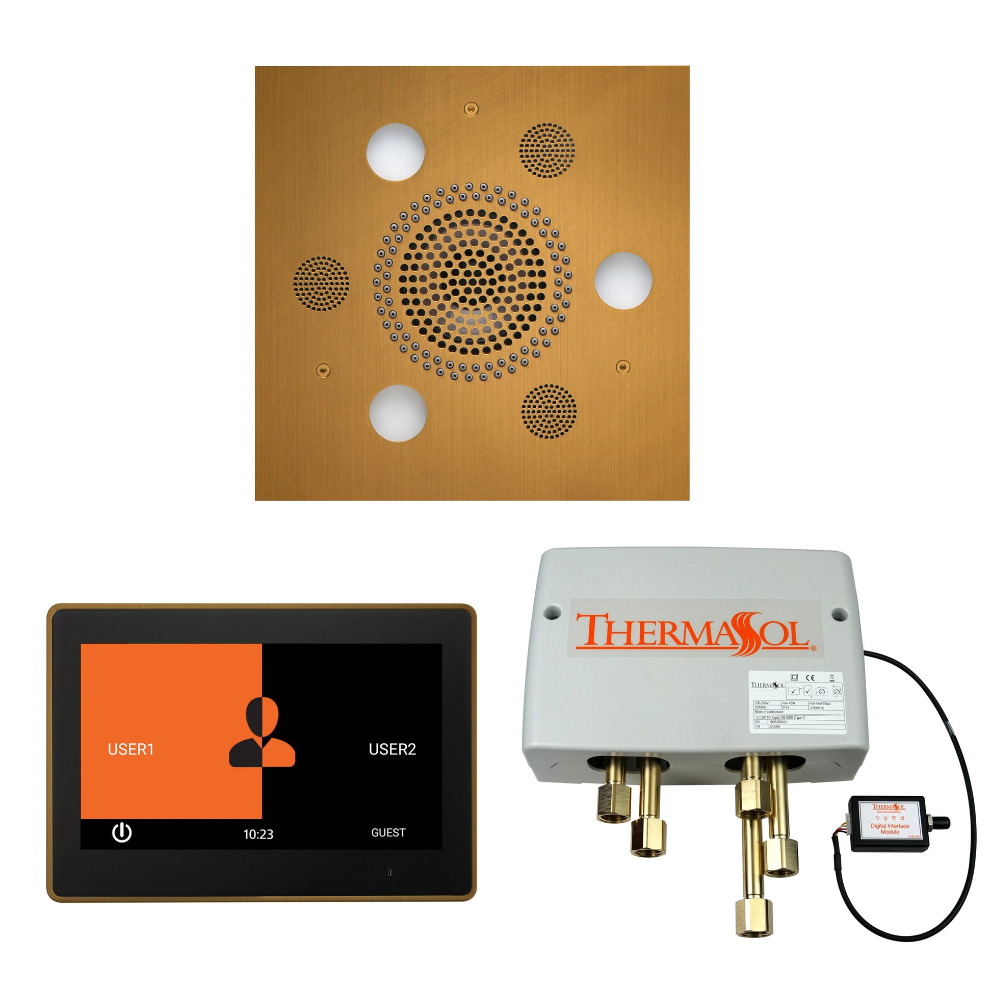Thermasol ThermaTouch2 10 Control Antique Brass Square Serenity Advanced Rainhead Wellness Shower Package With Digital Shower Valve