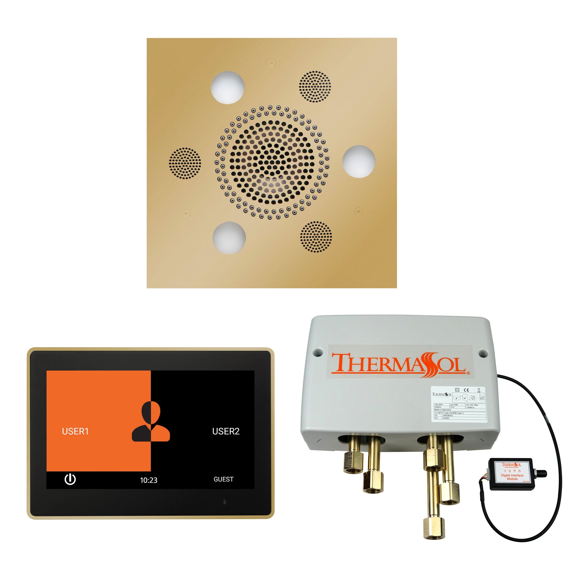 Thermasol ThermaTouch2 10 Control Polished Brass Square Serenity Advanced Rainhead Wellness Shower Package With Digital Shower Valve
