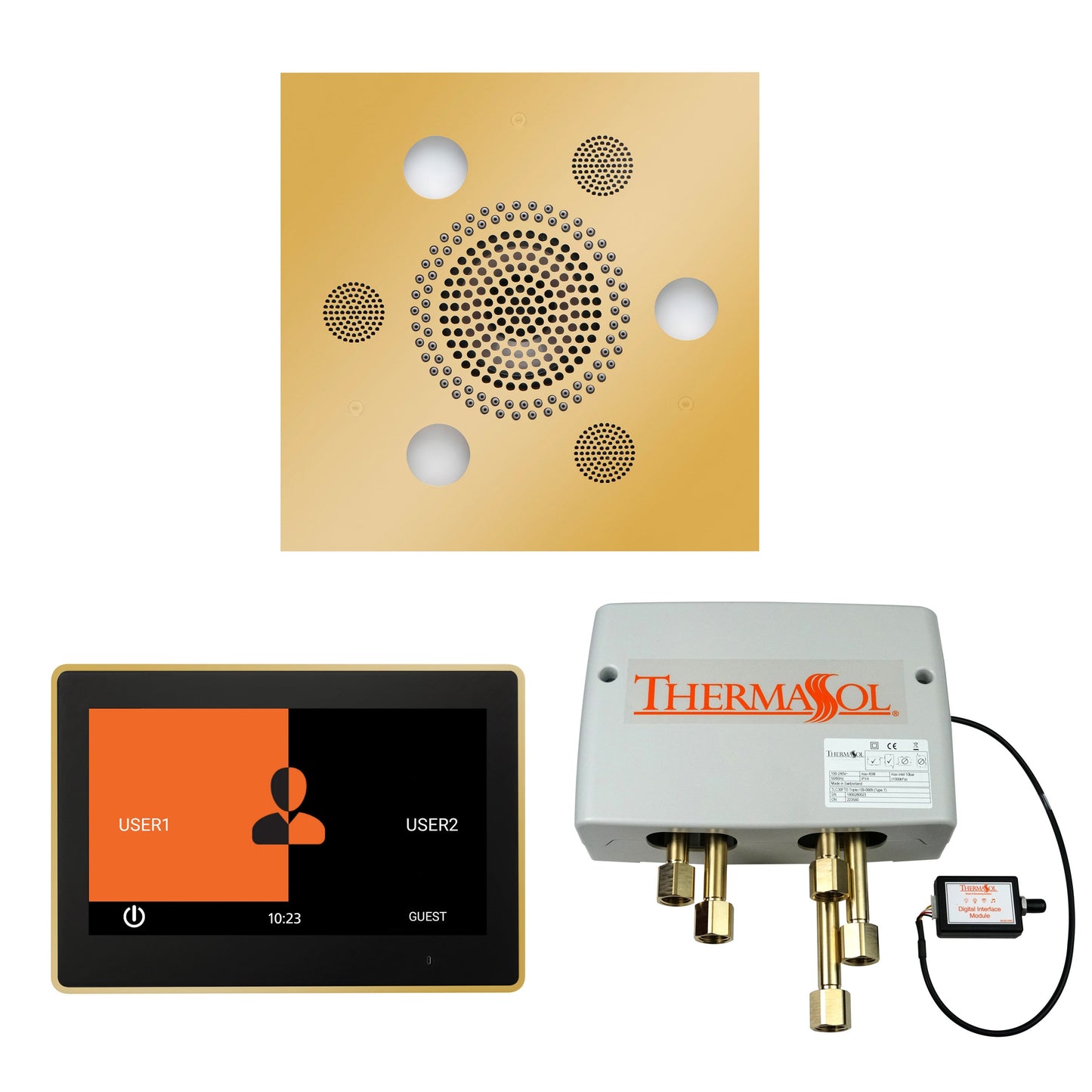 Thermasol ThermaTouch2 10 Control Polished Gold Square Serenity Advanced Rainhead Wellness Shower Package With Digital Shower Valve