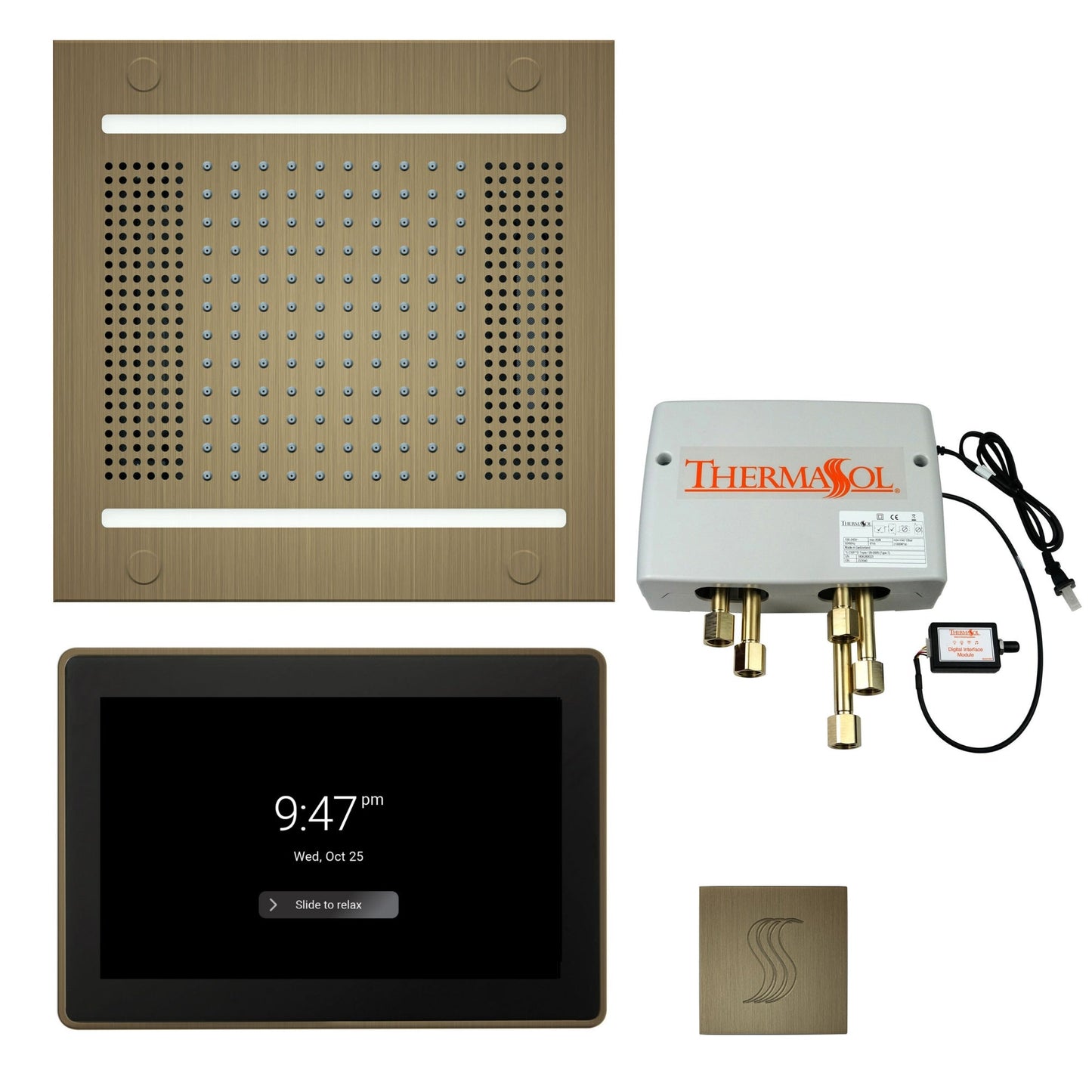 Thermasol ThermaTouch2 15 Control Antique Brass HydroVive 14 Total Wellness Package With Square Steam Head Kit