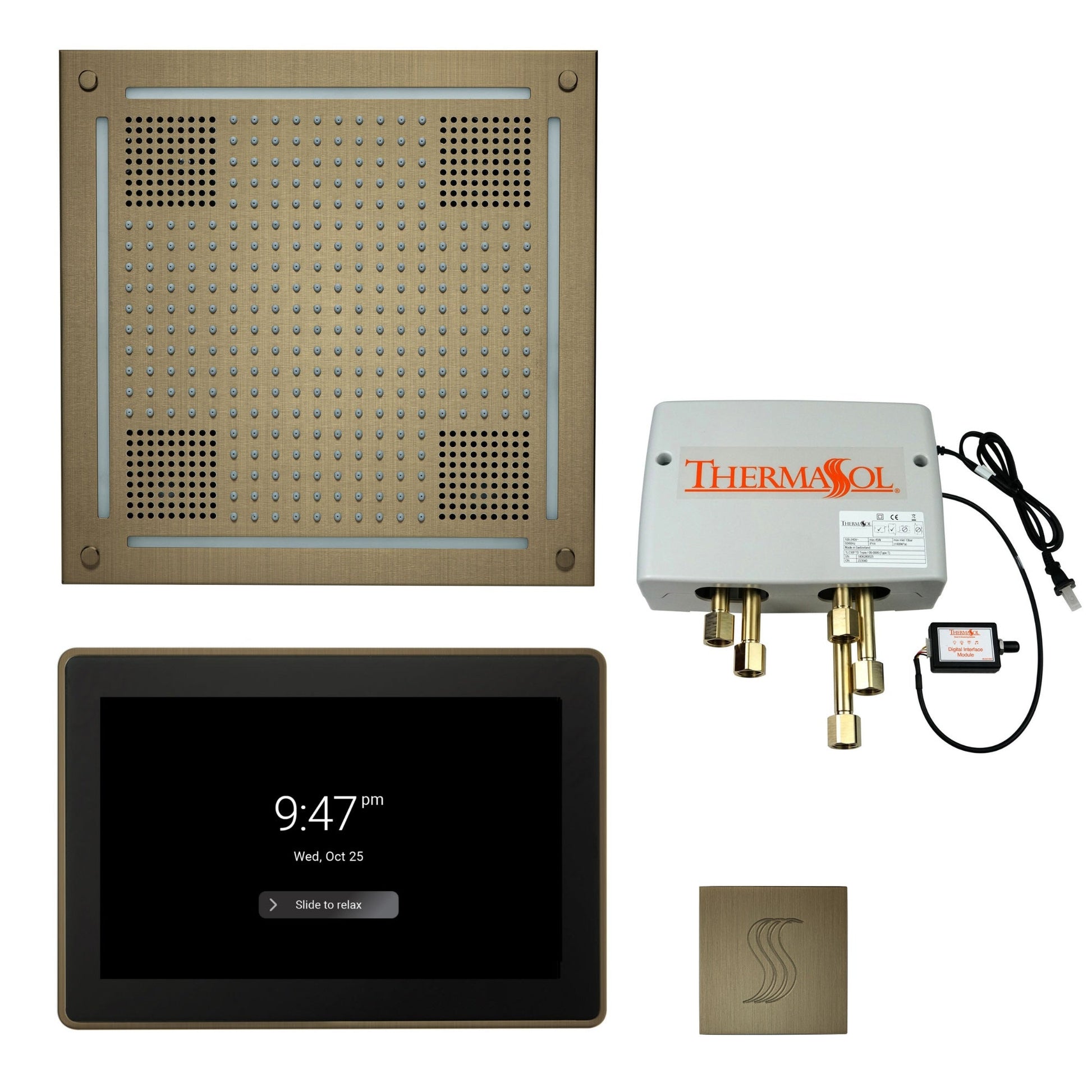 Thermasol ThermaTouch2 15 Control Antique Brass HydroVive 18 Total Wellness Package With Square Steam Head Kit