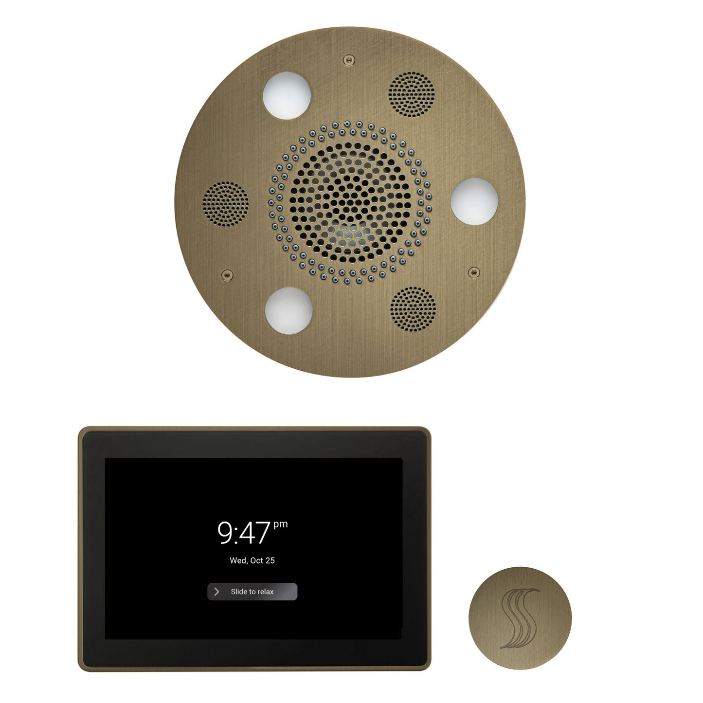 Thermasol ThermaTouch2 15 Control Antique Brass Round Serenity Advanced Rainhead Wellness Steam Package With Round Steam Head Kit