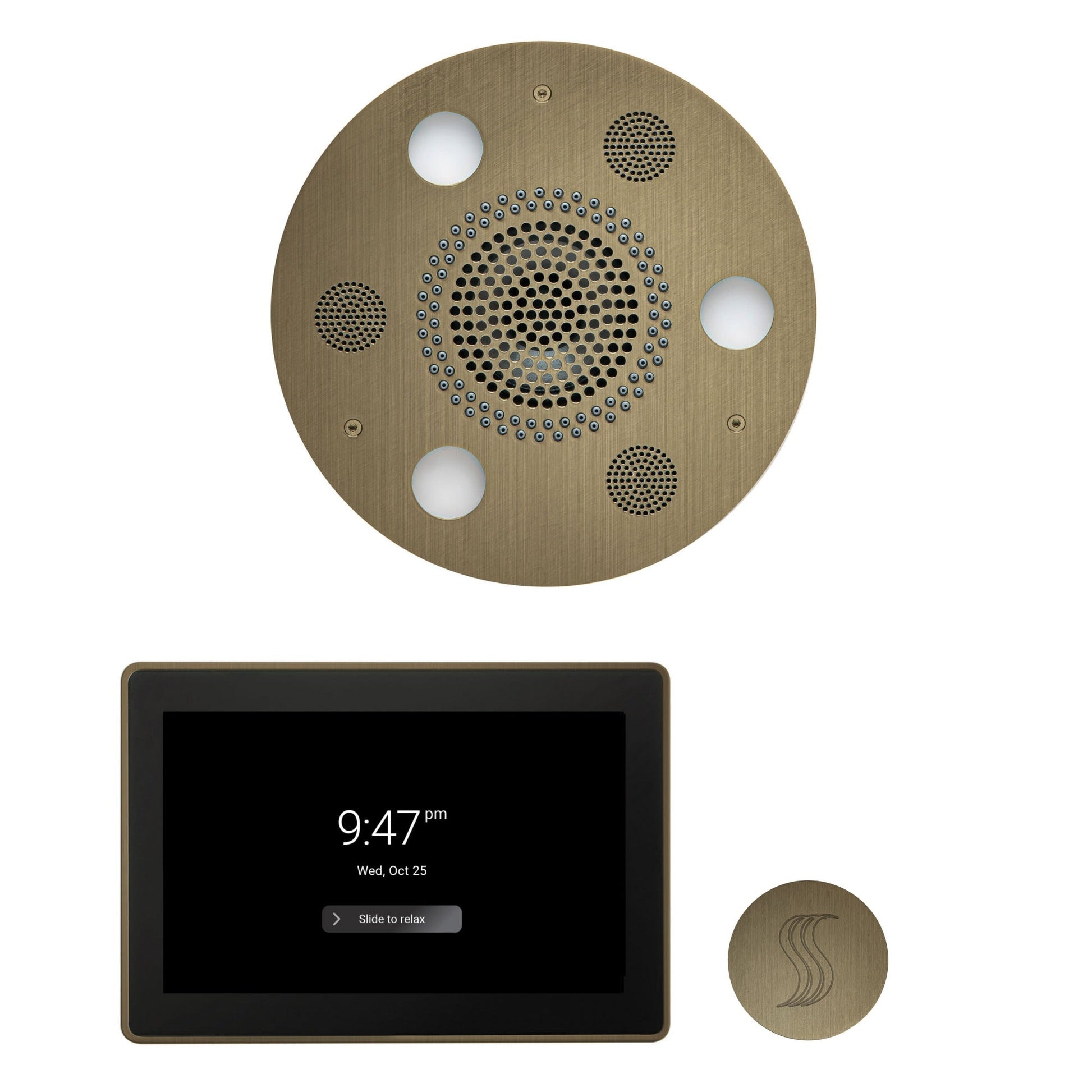 Thermasol ThermaTouch2 15 Control Antique Brass Round Serenity Advanced Rainhead Wellness Steam Package With Round Steam Head Kit