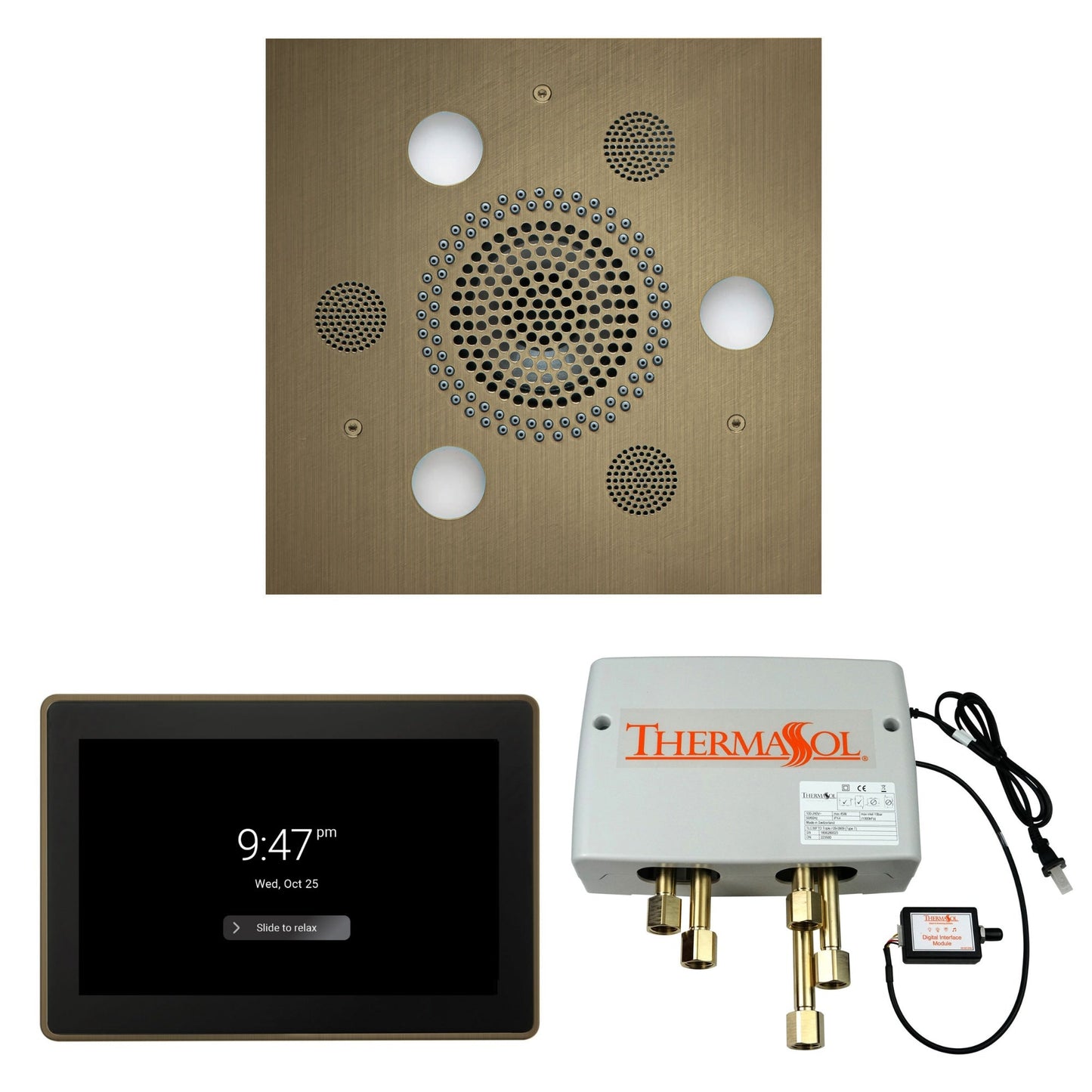 Thermasol ThermaTouch2 15 Control Antique Brass Square Serenity Advanced Rainhead Wellness Shower Package With Digital Shower Valve
