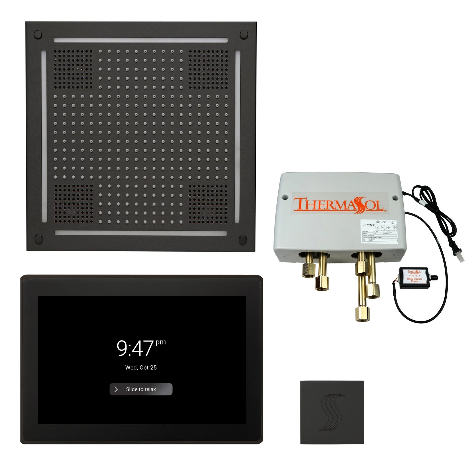 Thermasol ThermaTouch2 15 Control Matte Black HydroVive 18 Total Wellness Package With Square Steam Head Kit