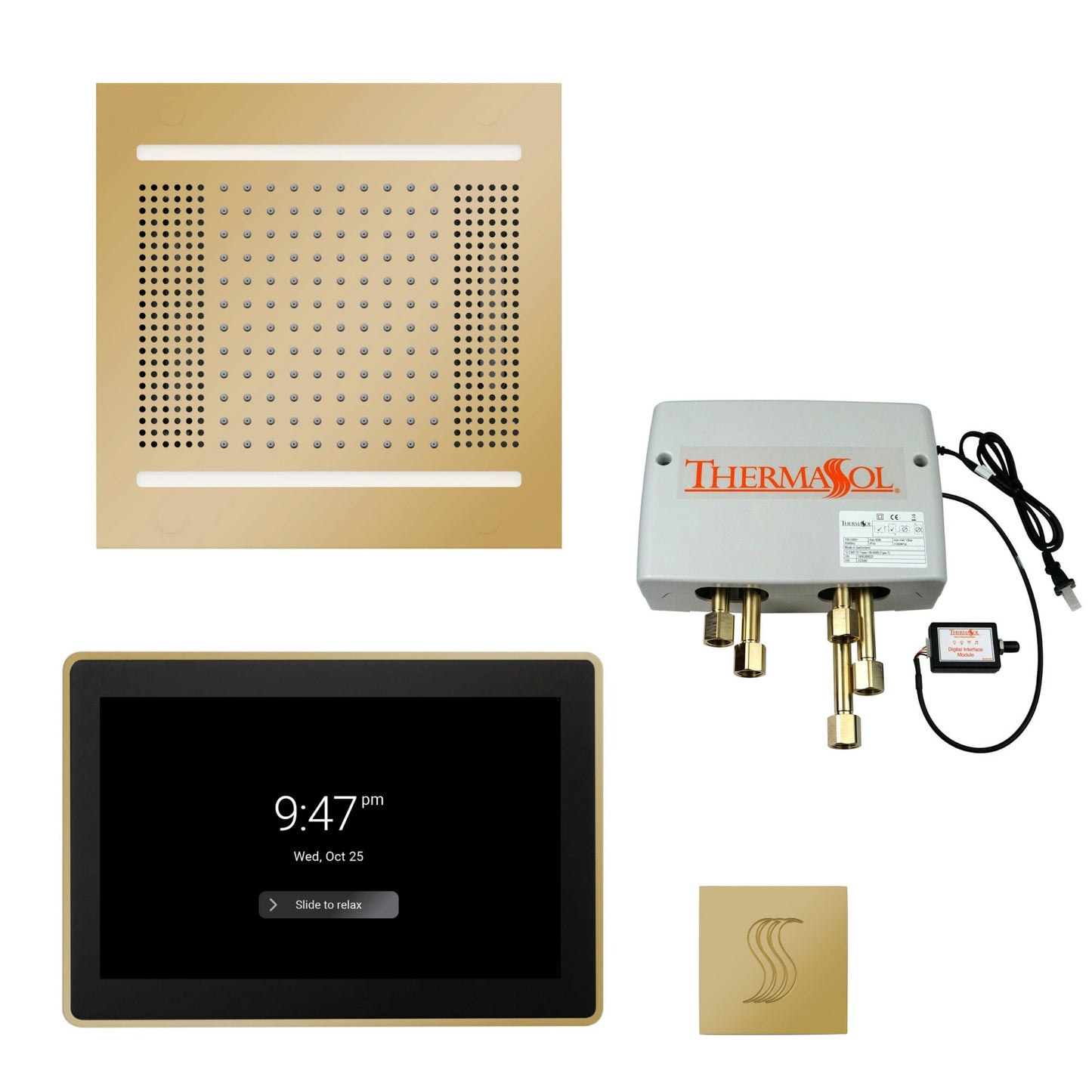 Thermasol ThermaTouch2 15 Control Polished Brass HydroVive 14 Total Wellness Package With Square Steam Head Kit