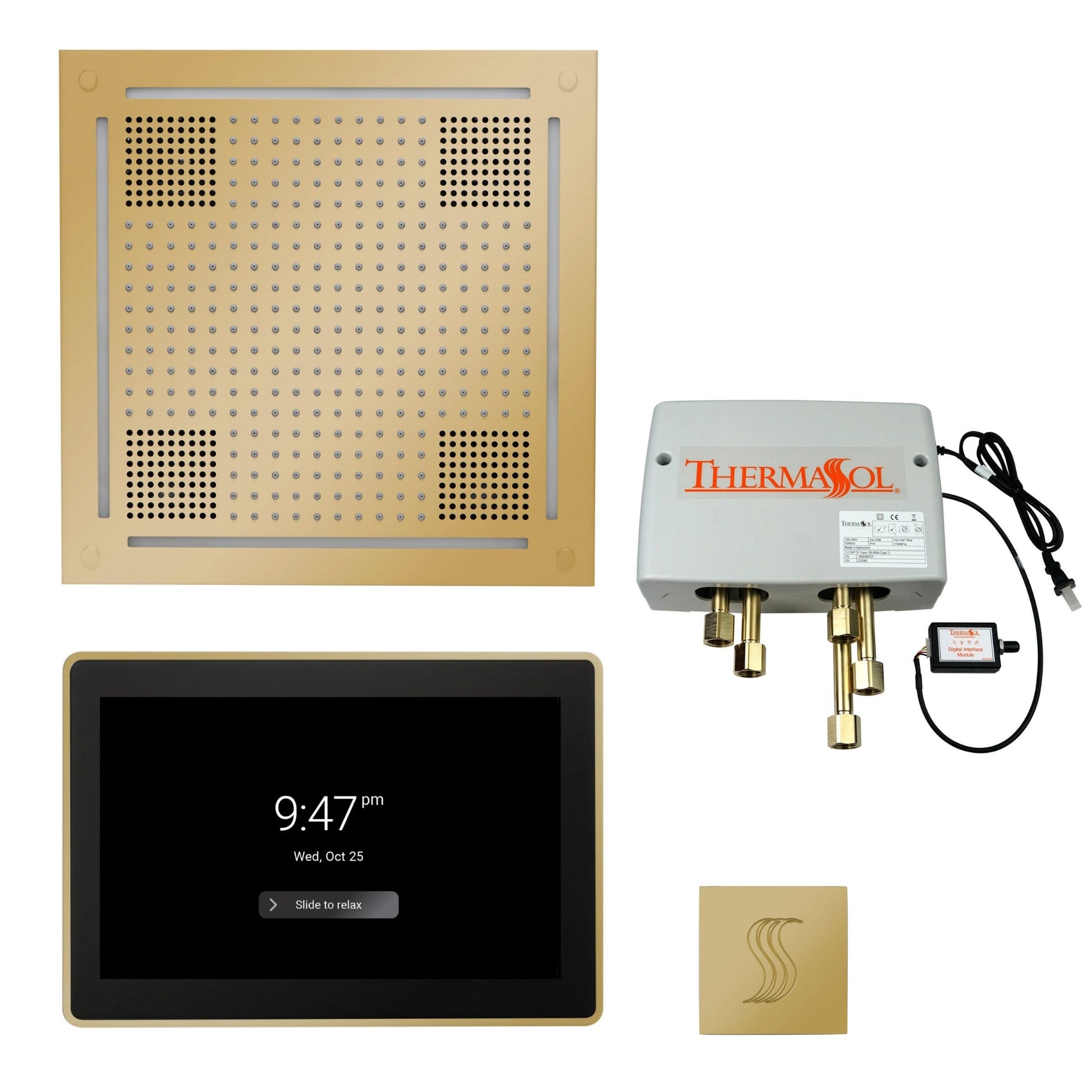 Thermasol ThermaTouch2 15 Control Polished Brass HydroVive 18 Total Wellness Package With Square Steam Head Kit