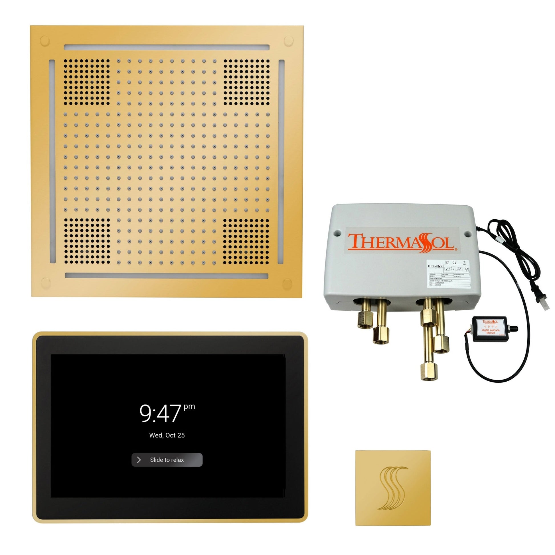 Thermasol ThermaTouch2 15 Control Polished Gold HydroVive 18 Total Wellness Package With Square Steam Head Kit