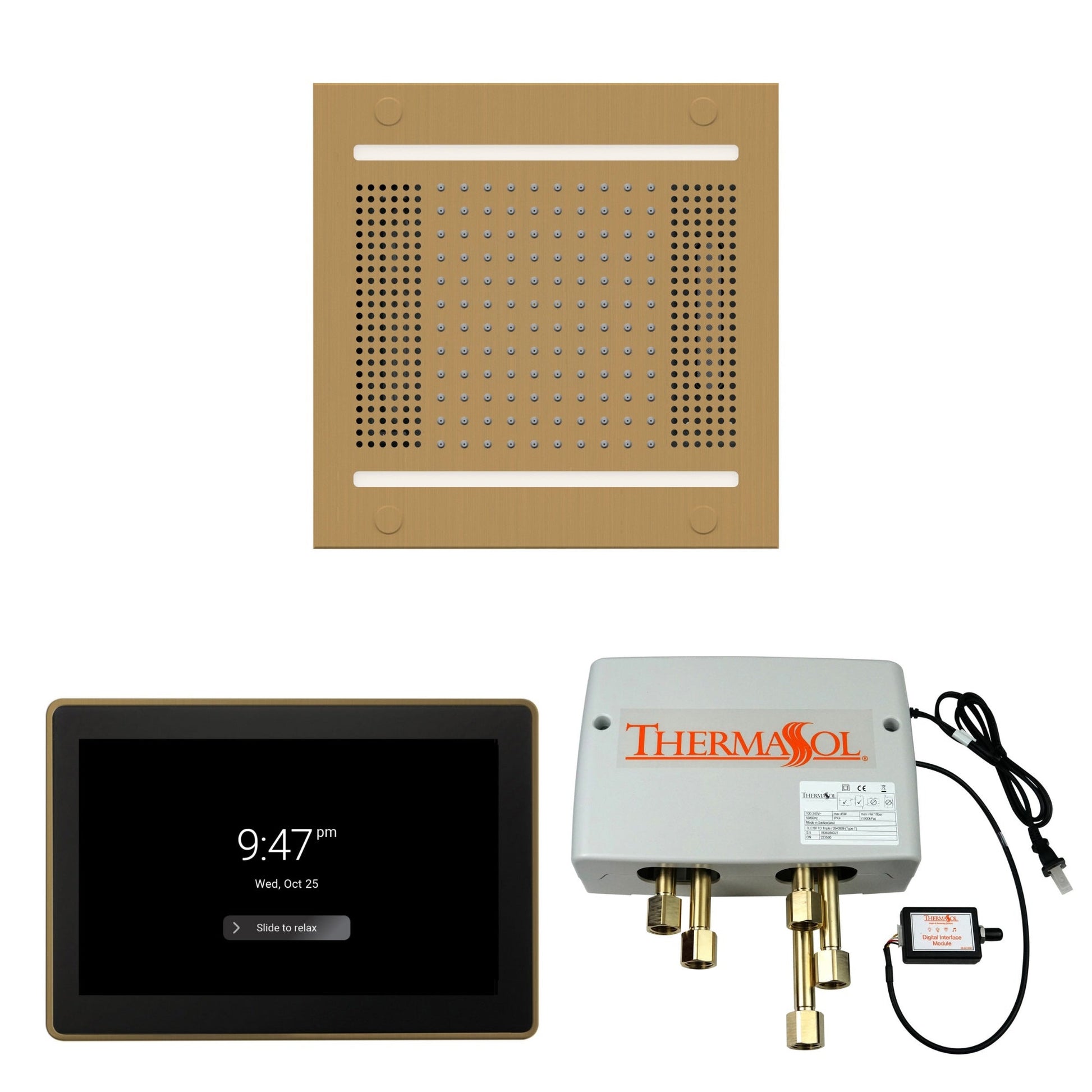 Thermasol ThermaTouch2 15 Control Satin Brass HydroVive 14 Wellness Shower Package With Digital Shower Valve
