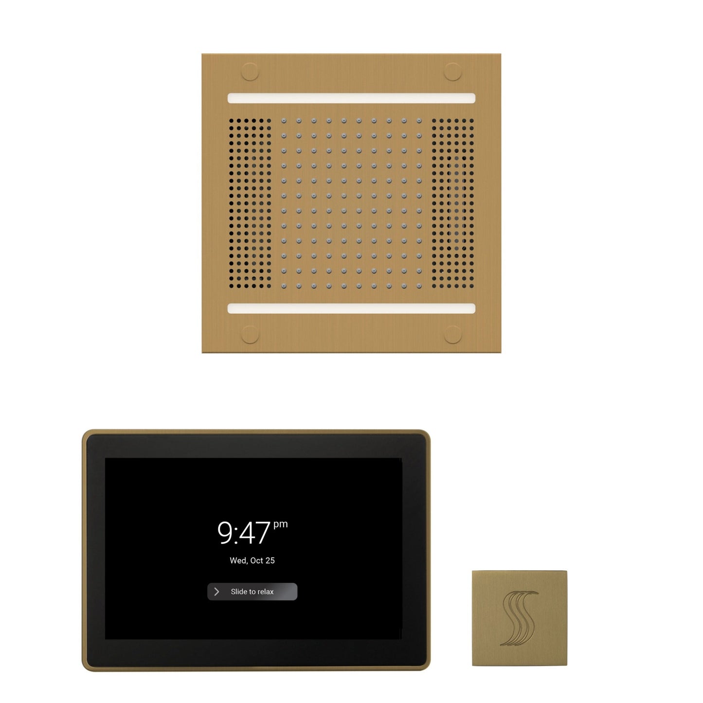Thermasol ThermaTouch2 15 Control Satin Brass HydroVive 14 Wellness Steam Package With Square Steam Head Kit