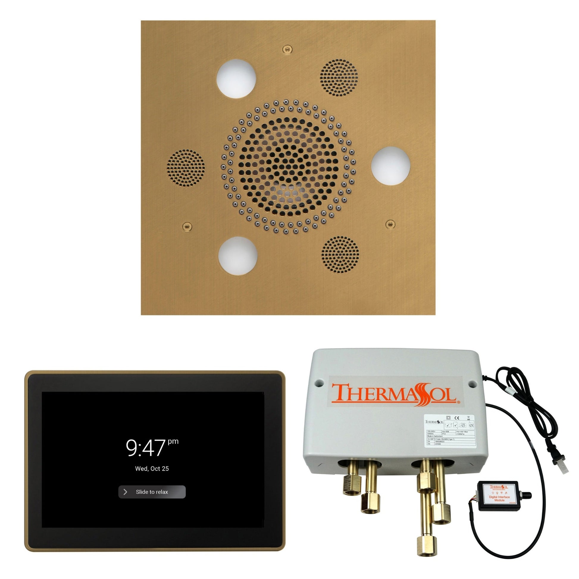 Thermasol ThermaTouch2 15 Control Satin Brass Square Serenity Advanced Rainhead Wellness Shower Package With Digital Shower Valve