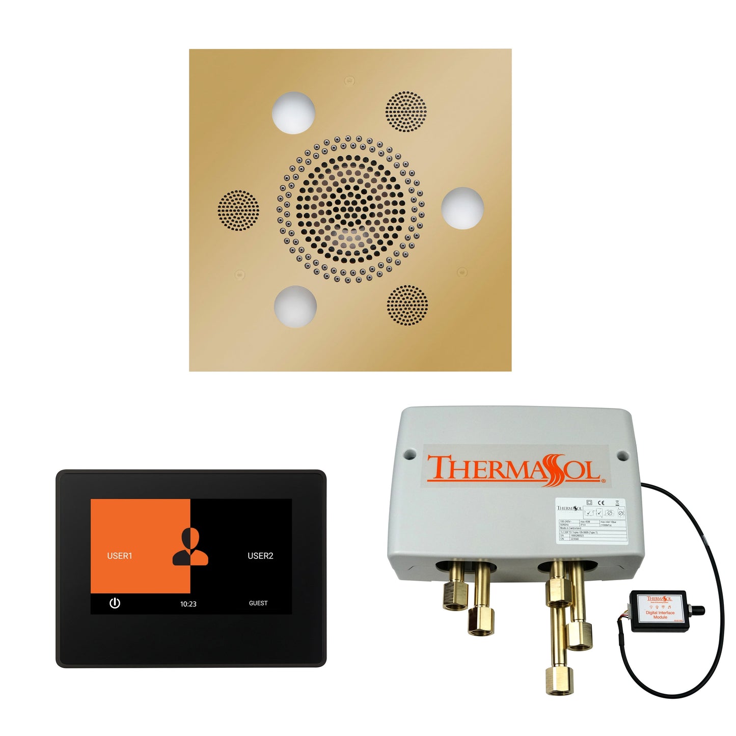 Thermasol ThermaTouch2 7 Control Polished Brass Square Serenity Advanced Rainhead Wellness Shower Package With Black Trim & Digital Shower Valve