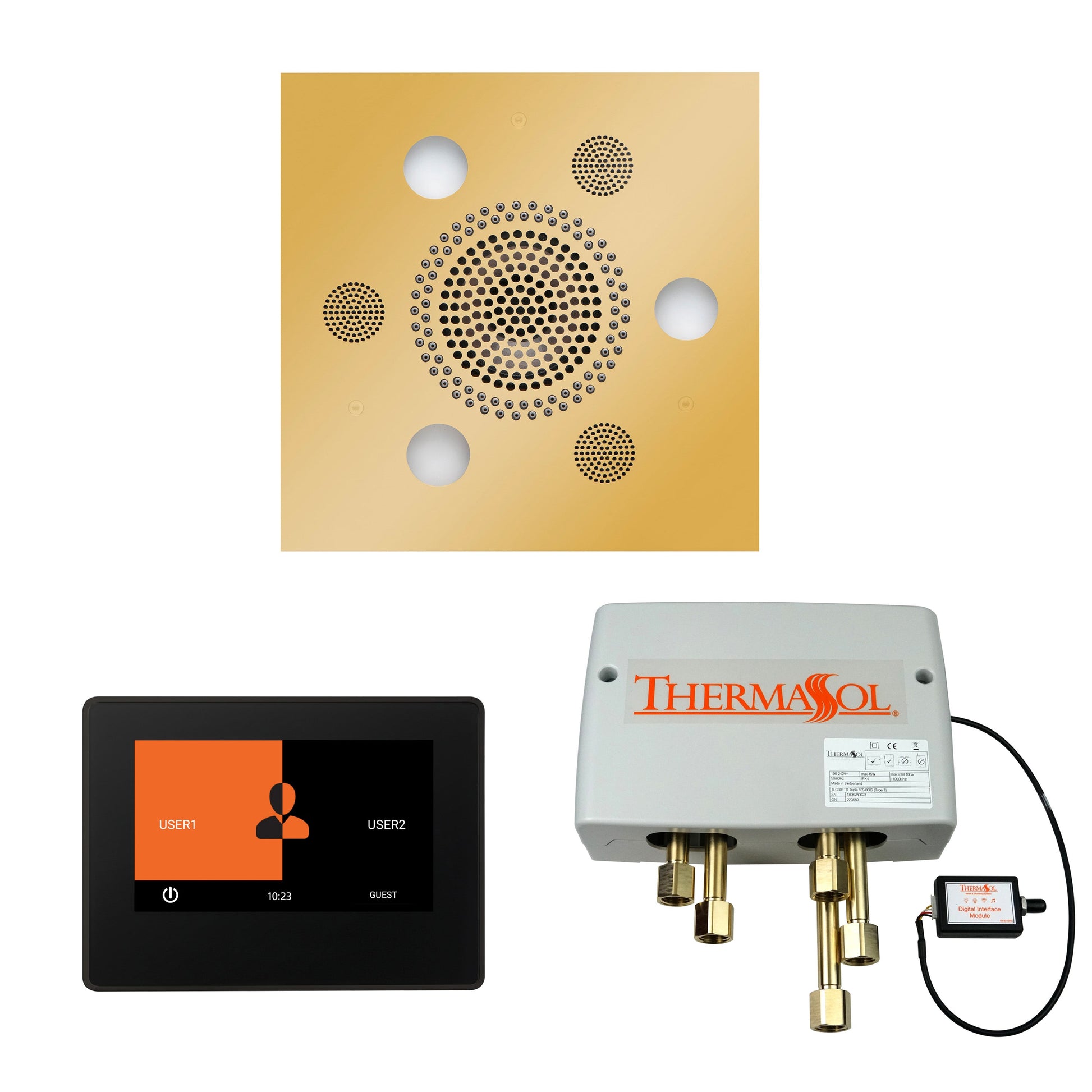 Thermasol ThermaTouch2 7 Control Polished Gold Square Serenity Advanced Rainhead Wellness Shower Package With Black Trim & Digital Shower Valve