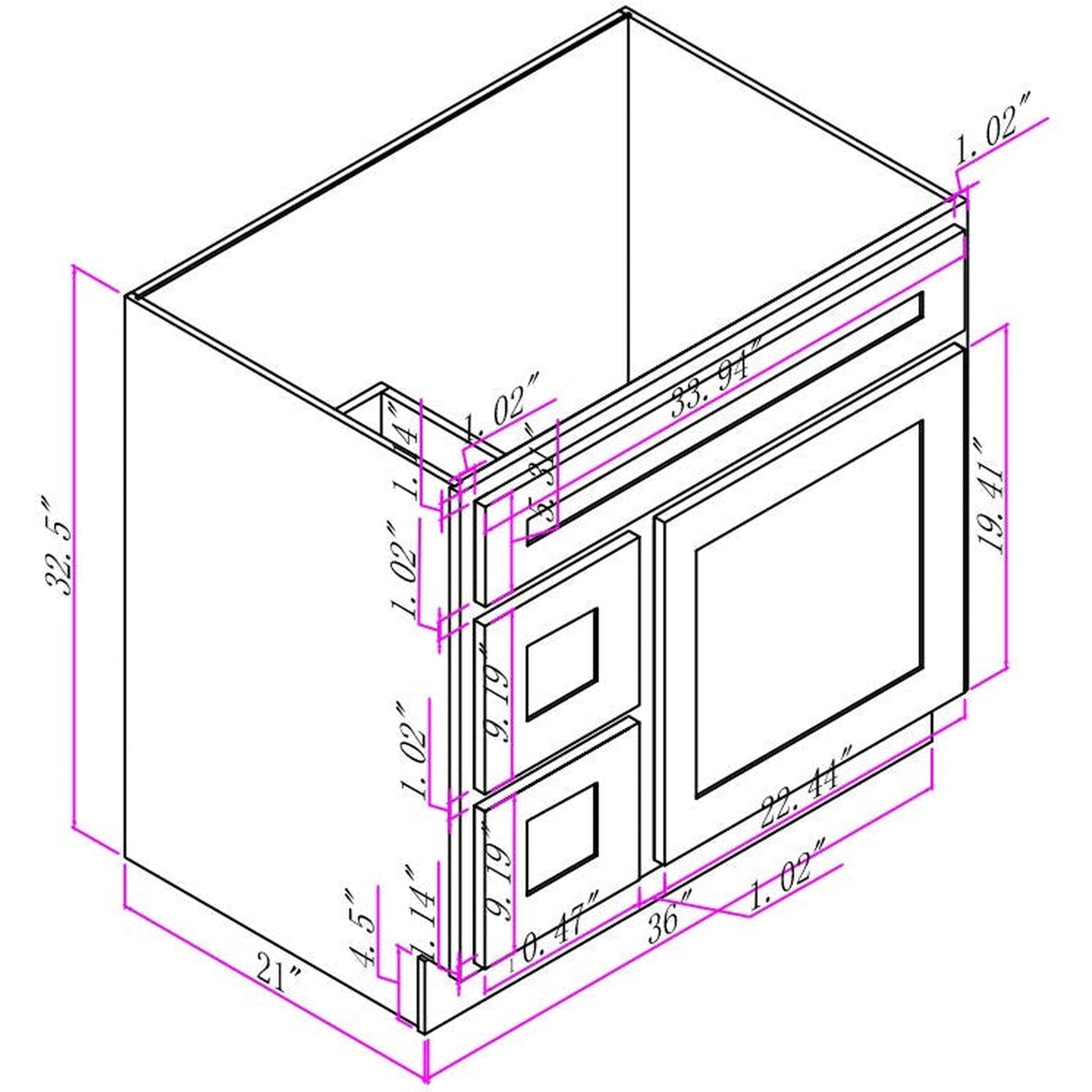 Vanity Art 36" Brown Freestanding Solid Wood Vanity Cabinet With Single Soft Closing Door and 2 Left Drawers