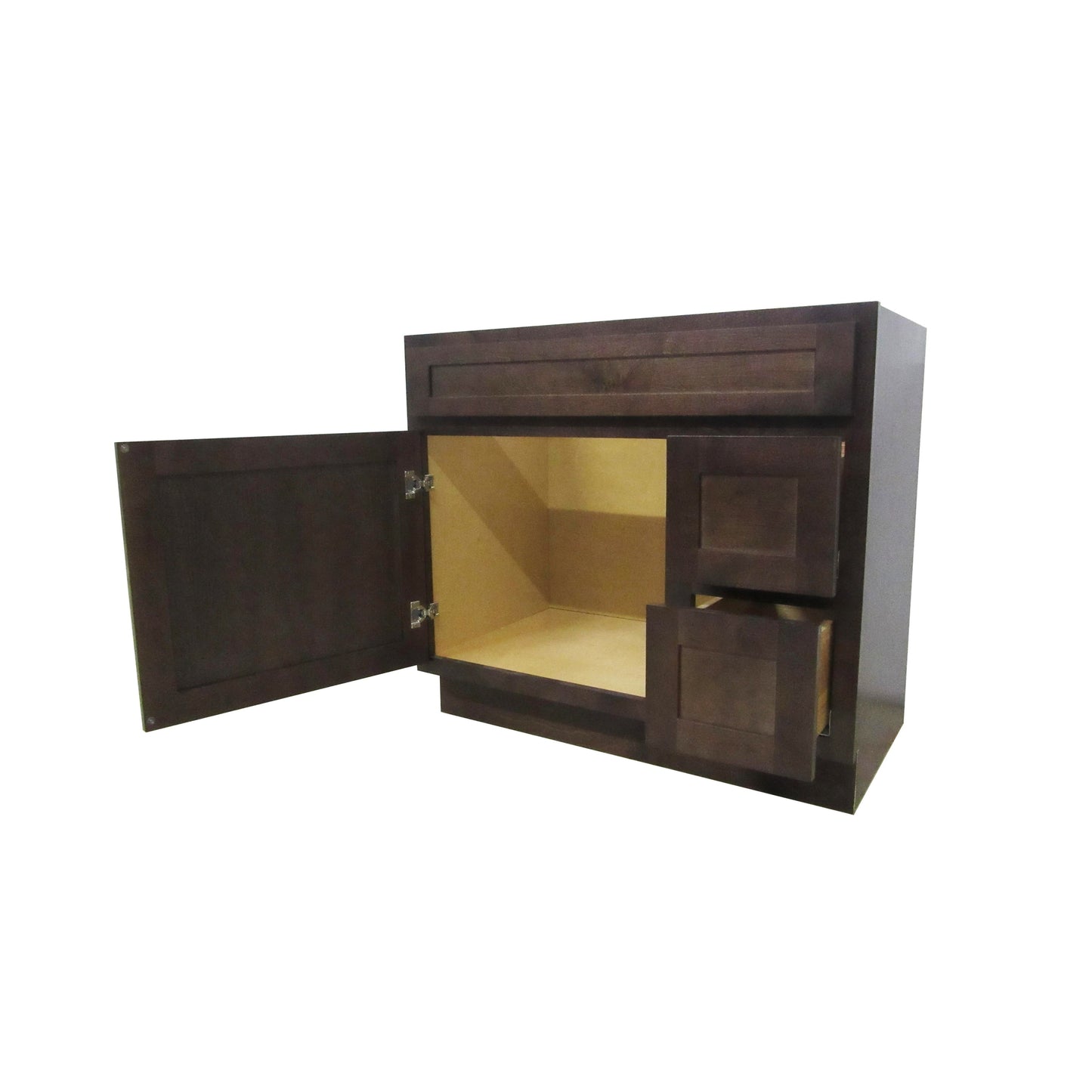 Vanity Art 36" Brown Freestanding Solid Wood Vanity Cabinet With Single Soft Closing Door and 2 Right Drawers