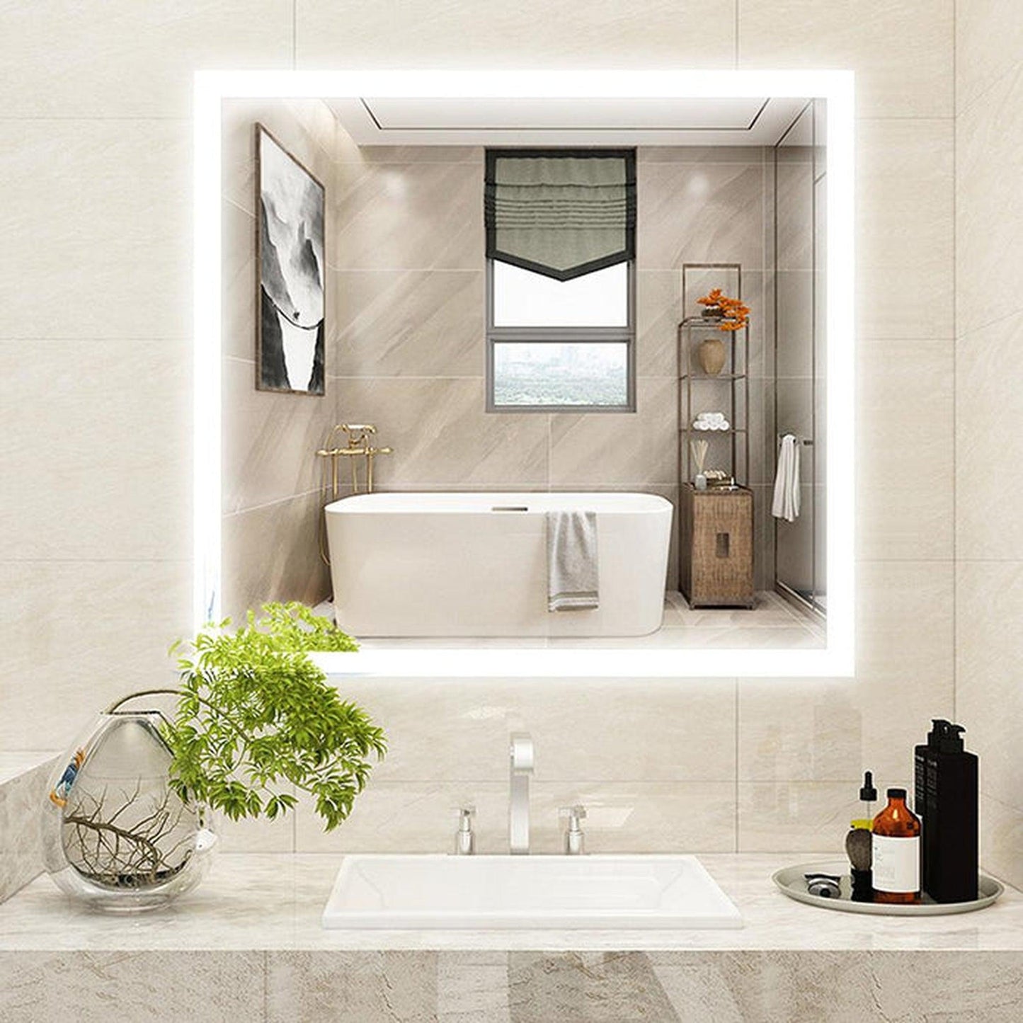Vanity Art 36" W x 24" H Rectangular Frameless LED Lighted Illuminated Bathroom Vanity Wall Mirror With Touch Sensor Switch