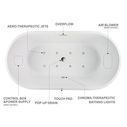 Vanity Art 54" W x 23" H White Acrylic Non-Slip Freestanding Soaking Bathtub With Air Bath Option