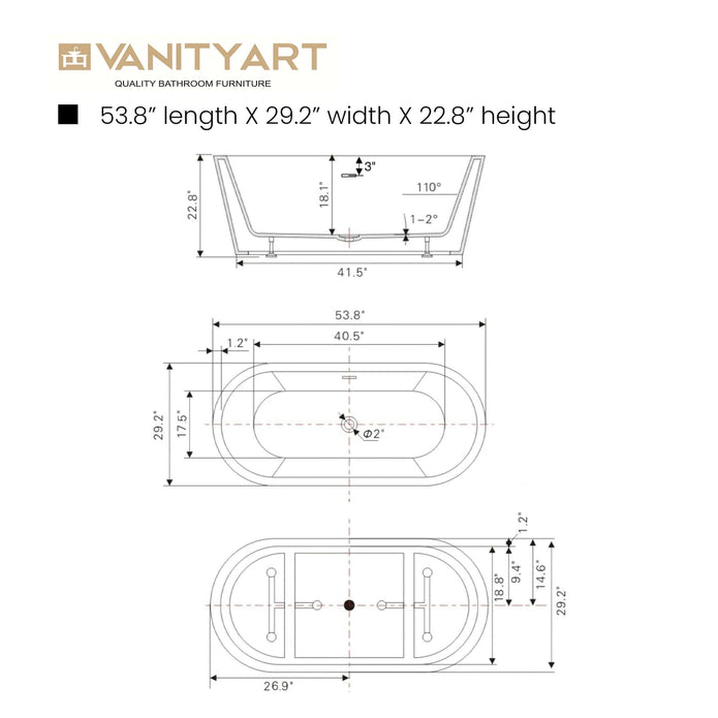 Vanity Art 54" W x 23" H White Acrylic Non-Slip Freestanding Soaking Bathtub With Air Bath Option