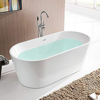 Vanity Art 54" W x 24" H White Modern Stand Alone Soaking Tub With Polished Chrome Slotted Overflow and Pop-up Drain