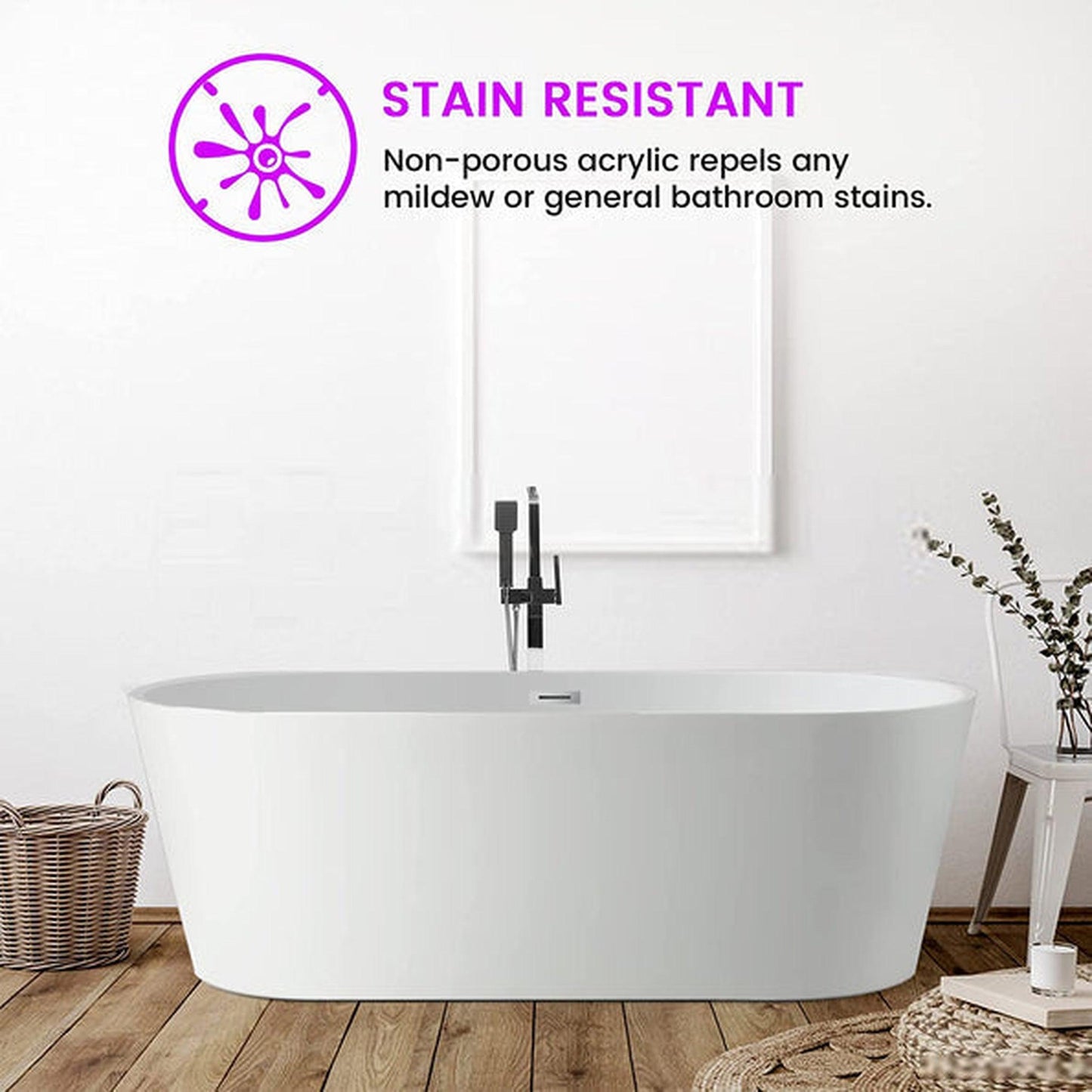 Vanity Art 54" W x 24" H White Modern Stand Alone Soaking Tub With Polished Chrome Slotted Overflow and Pop-up Drain