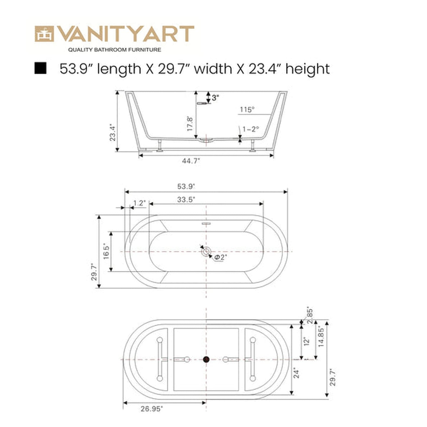 Vanity Art 54" W x 24" H White Modern Stand Alone Soaking Tub With Polished Chrome Slotted Overflow and Pop-up Drain