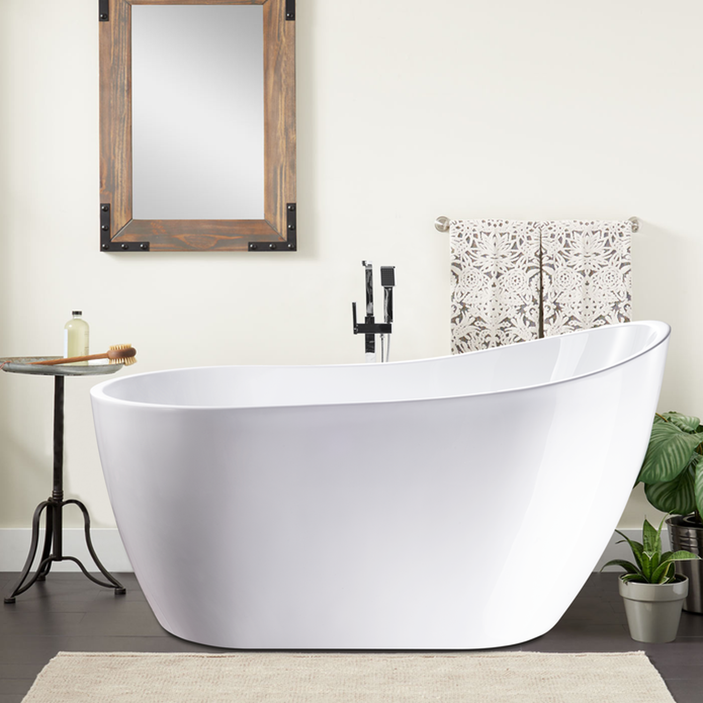 Vanity Art 54" W x 28" H White Acrylic Modern Freestanding Bathtub With Polished Chrome Pop-up Drain and Slotted Overflow