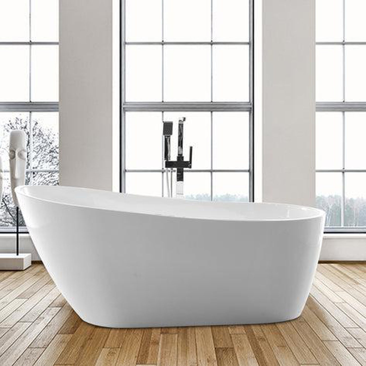 Vanity Art 55" x 29" White Acrylic Modern Freestanding Bathtub With Polished Chrome Pop-up Drain, Slotted Overflow and Flexible Drain Hose