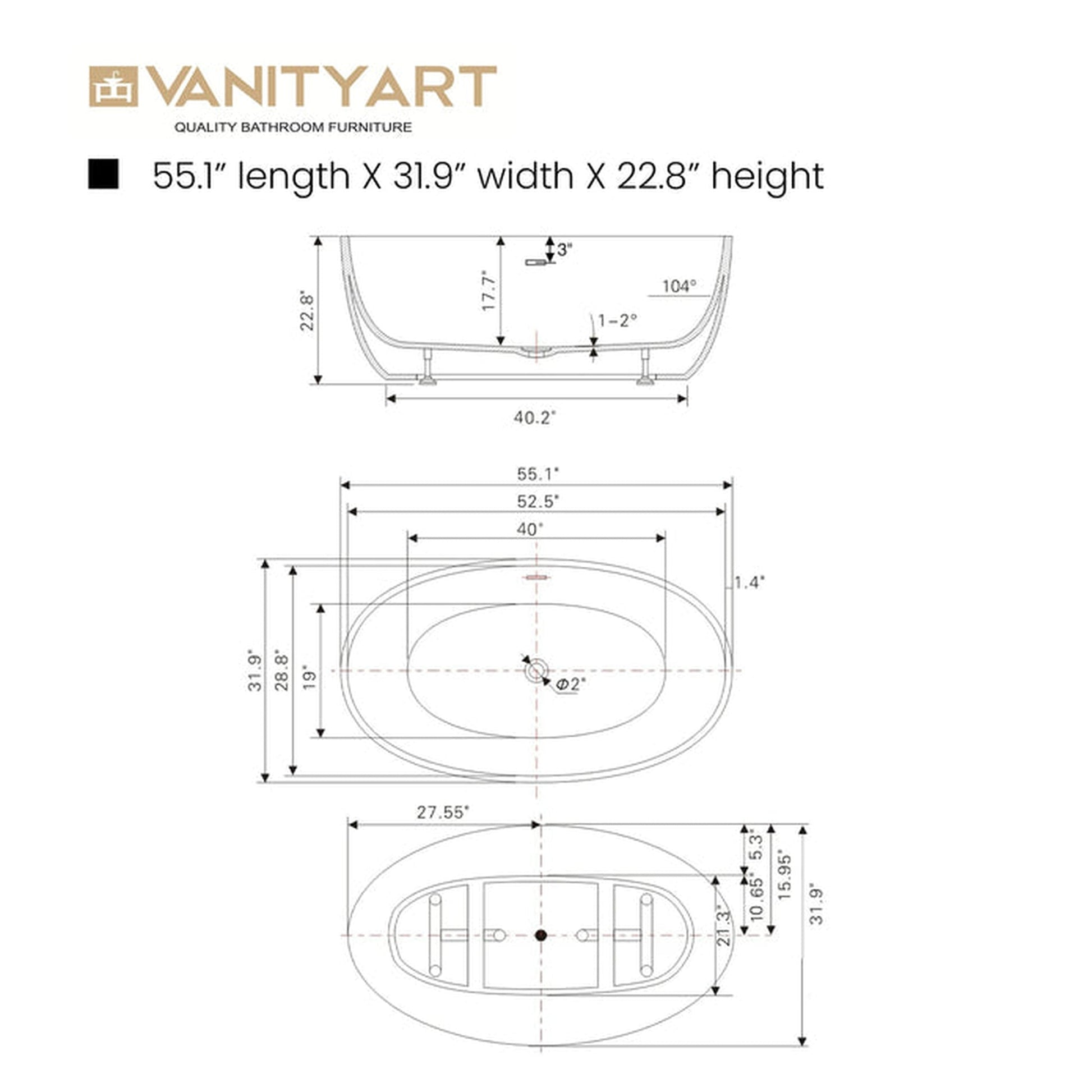 Vanity Art 55" x 32" White Acrylic Freestanding Contemporary Design Soaking Bathtub With Brushed Nickel Slotted Overflow & Pop-up Drain