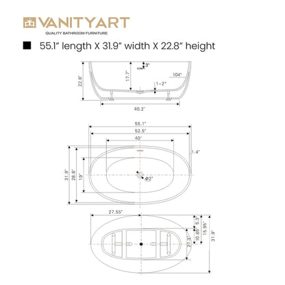 Vanity Art 55" x 32" White Acrylic Freestanding Contemporary Design Soaking Bathtub With Brushed Nickel Slotted Overflow & Pop-up Drain