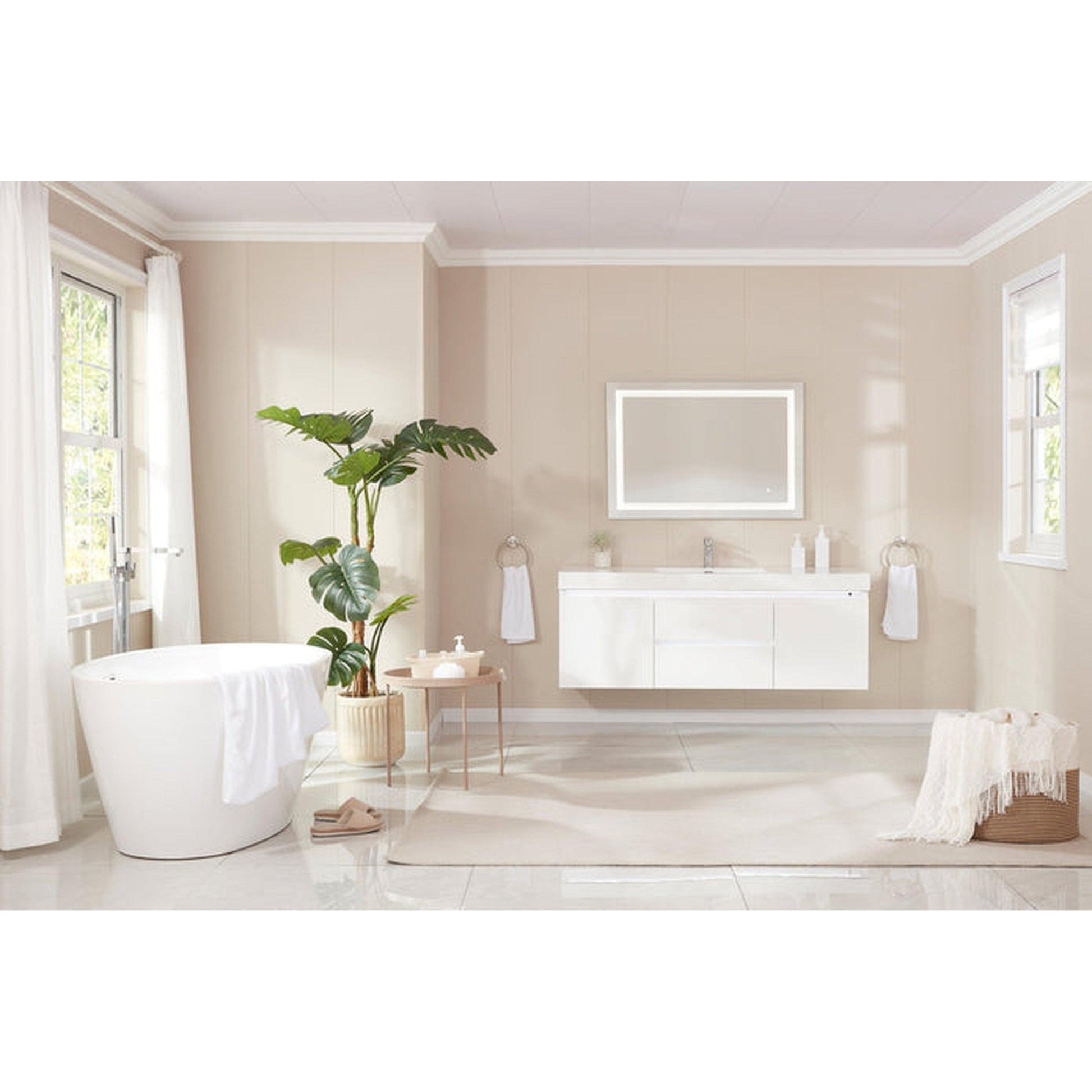 Vanity Art 55" x 32" White Acrylic Freestanding Contemporary Design Soaking Bathtub With Brushed Nickel Slotted Overflow & Pop-up Drain