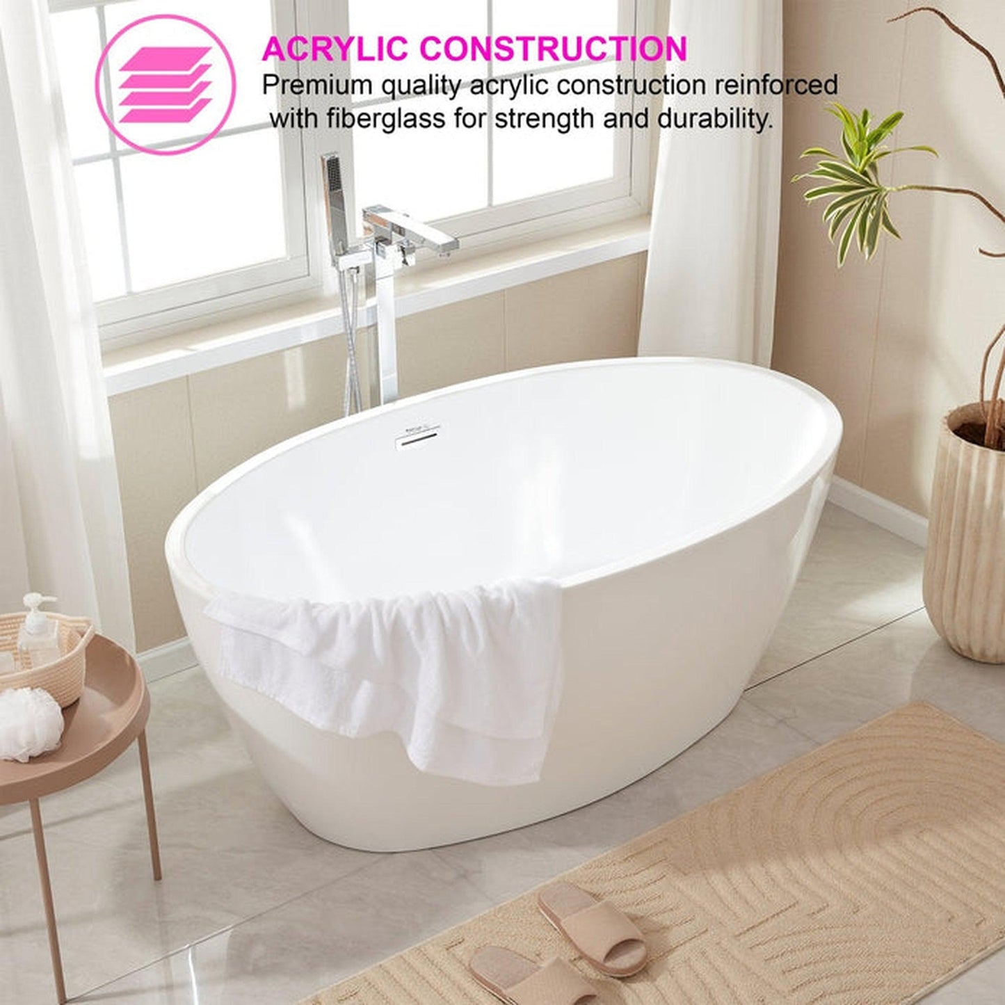 Vanity Art 55" x 32" White Acrylic Freestanding Contemporary Design Soaking Bathtub With Brushed Nickel Slotted Overflow & Pop-up Drain