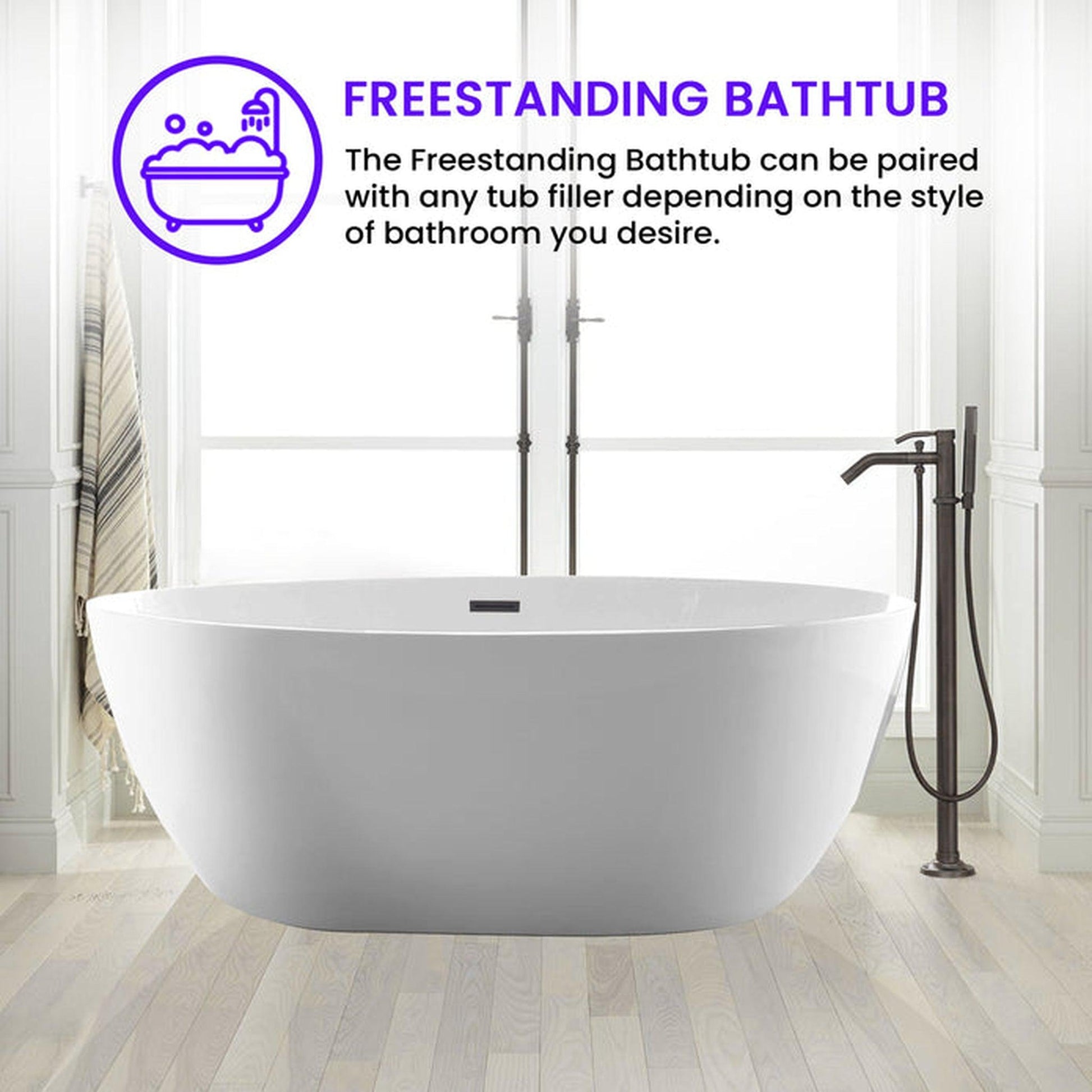 Vanity Art 55" x 32" White Acrylic Freestanding Contemporary Design Soaking Bathtub With Matte Black Slotted Overflow & Pop-up Drain