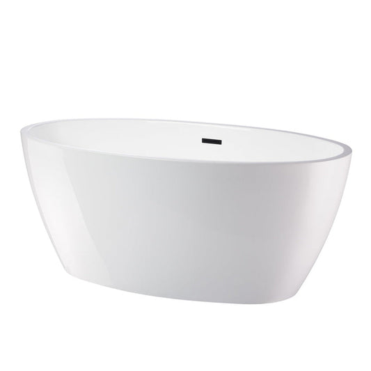 Vanity Art 55" x 32" White Acrylic Freestanding Contemporary Design Soaking Bathtub With Matte Black Slotted Overflow & Pop-up Drain