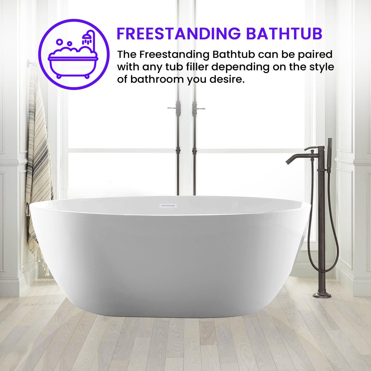 Vanity Art 55" x 32" White Acrylic Freestanding Contemporary Design Soaking Bathtub With Pure White Slotted Overflow & Pop-up Drain