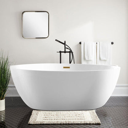 Vanity Art 55" x 32" White Acrylic Freestanding Contemporary Design Soaking Bathtub With Titanium Gold Slotted Overflow & Pop-up Drain