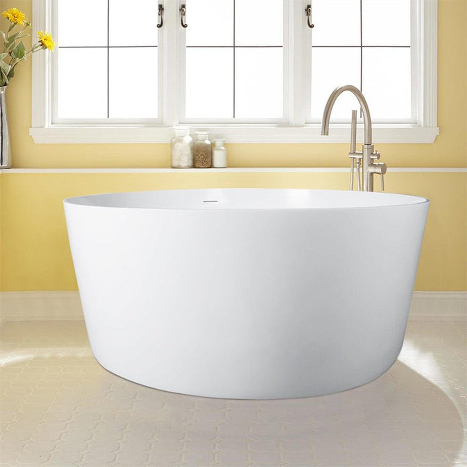 Vanity Art 55" x 55" White Glossy Finish Freestanding Solid Surface Resin Stone Bathtub With Slotted Overflow and Pop-up Drain