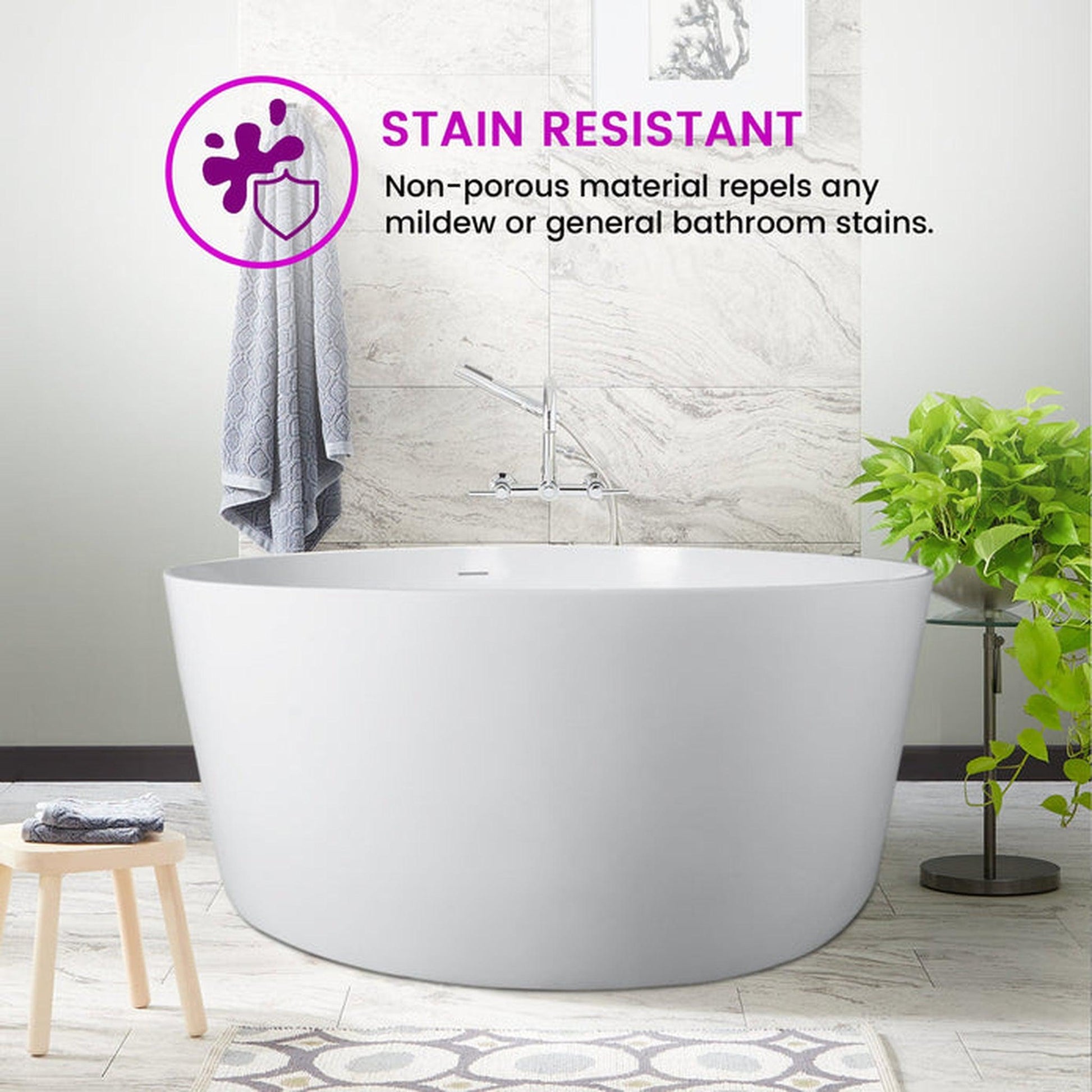 Vanity Art 55" x 55" White Glossy Finish Freestanding Solid Surface Resin Stone Bathtub With Slotted Overflow and Pop-up Drain