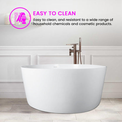 Vanity Art 55" x 55" White Glossy Finish Freestanding Solid Surface Resin Stone Bathtub With Slotted Overflow and Pop-up Drain