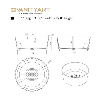 Vanity Art 55" x 55" White Glossy Finish Freestanding Solid Surface Resin Stone Bathtub With Slotted Overflow and Pop-up Drain