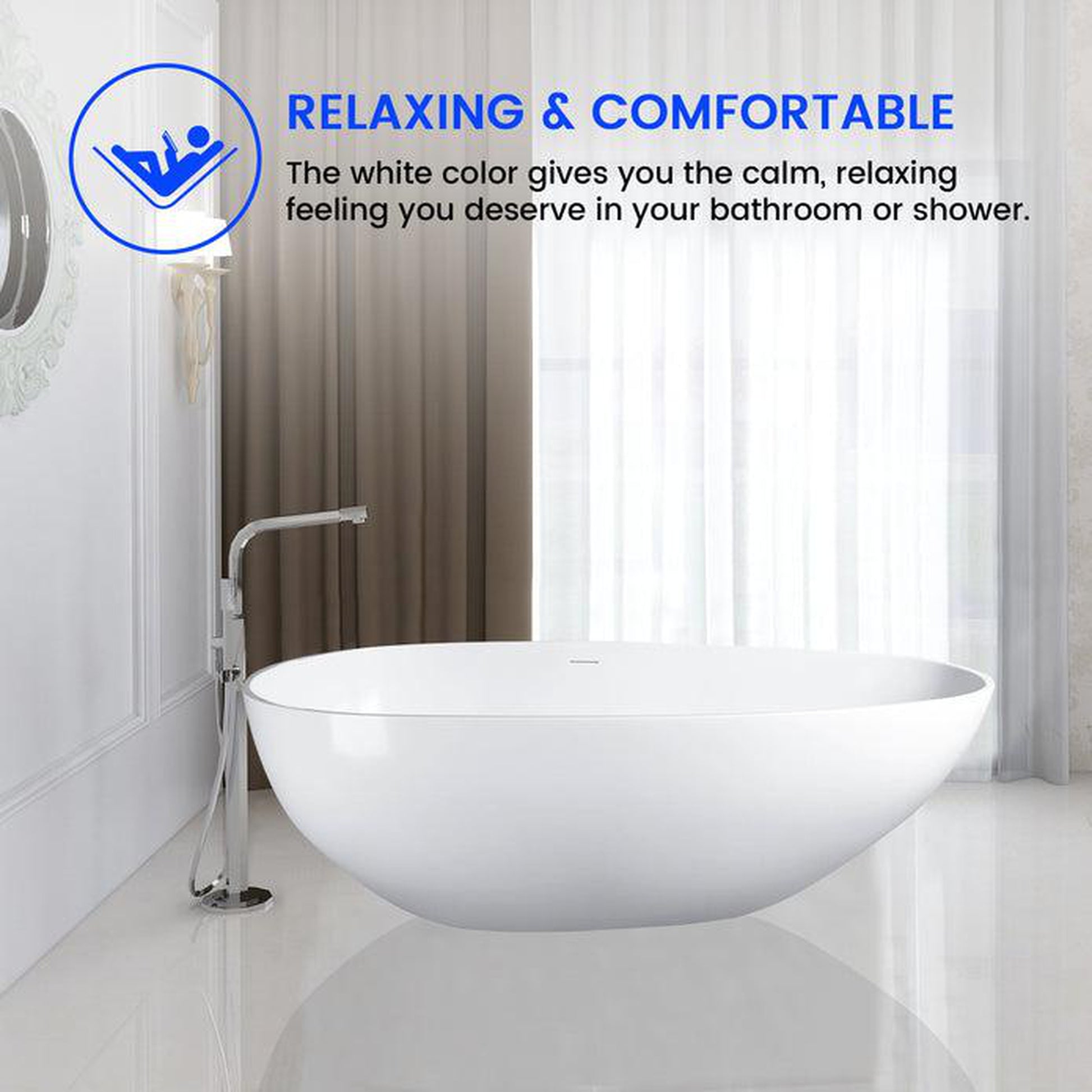 Vanity Art 59" Glossy White Contemporary Design Soaking Tub With Overflow and Pop-up Drain