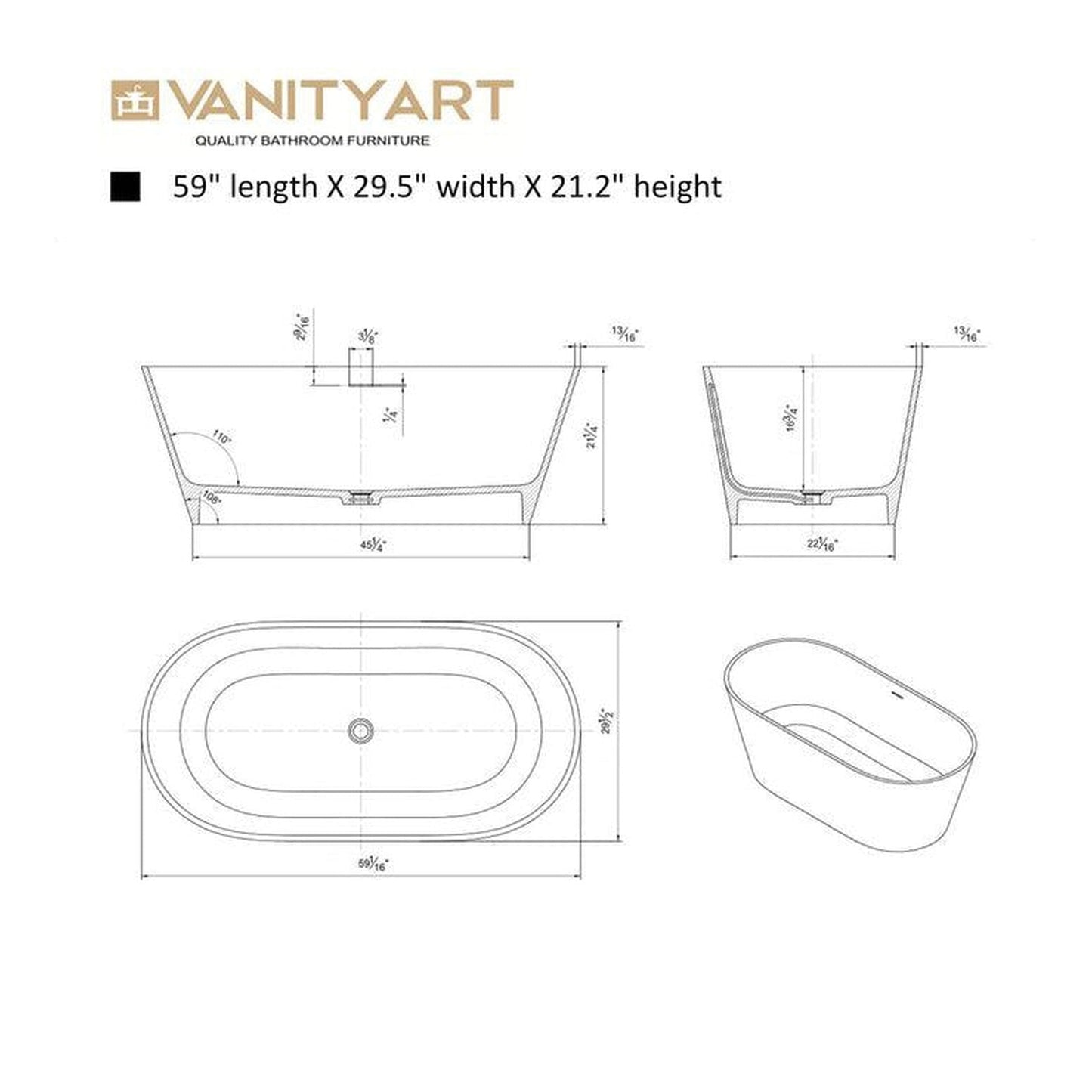 Vanity Art 59" Glossy White Solid Surface Resin Stone Freestanding Bathtub With Overflow and Pop-up Drain