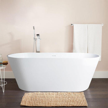 Vanity Art 59" Glossy White Solid Surface Resin Stone Freestanding Bathtub With Overflow and Pop-up Drain