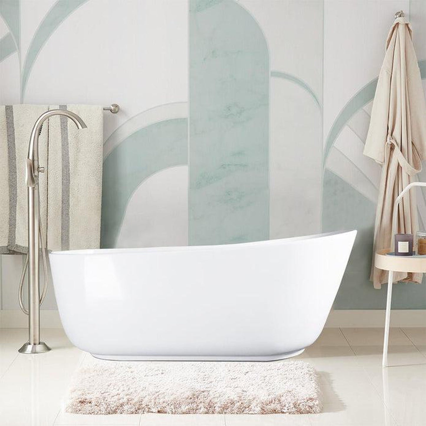 Vanity Art 59" Glossy White Solid Surface Resin Stone Freestanding Flatbottom Bathtub With Overflow and Pop-up Drain