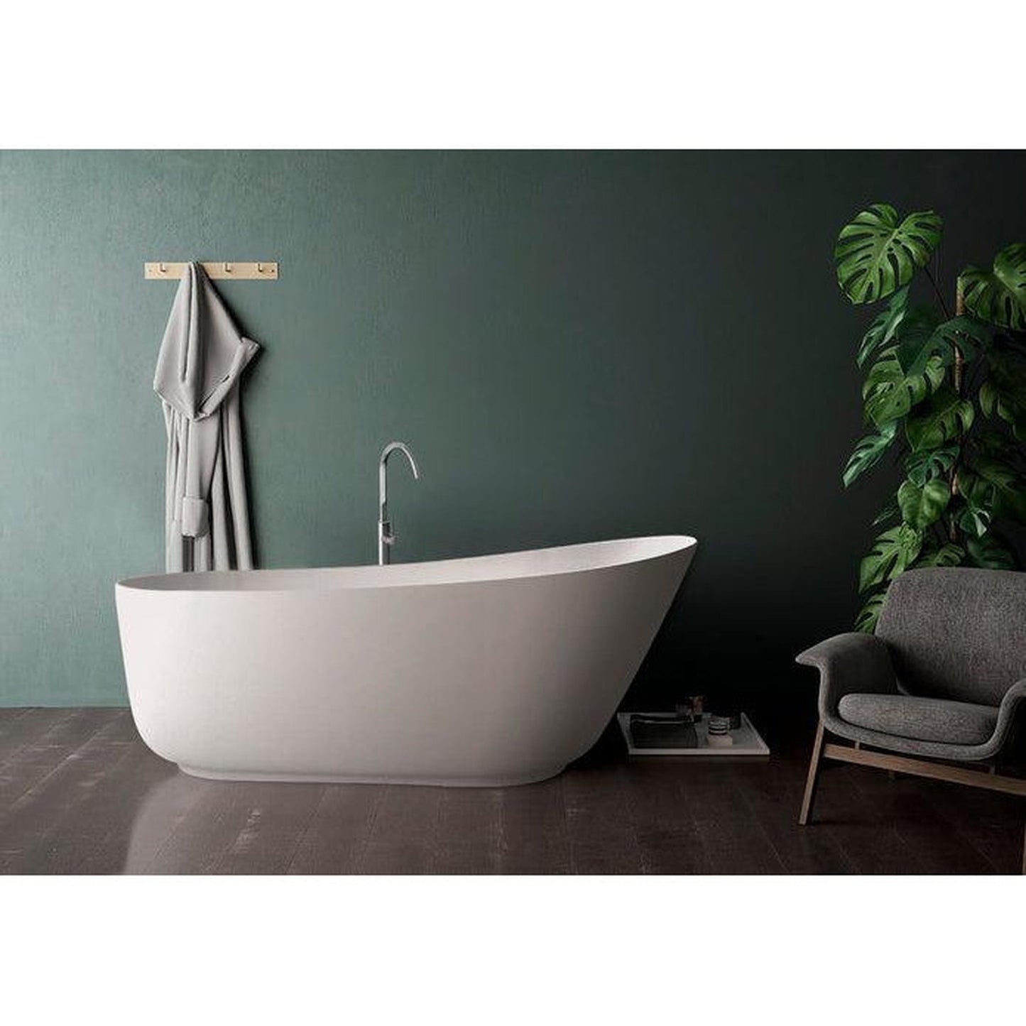 Vanity Art 59" Glossy White Solid Surface Resin Stone Freestanding Flatbottom Bathtub With Overflow and Pop-up Drain