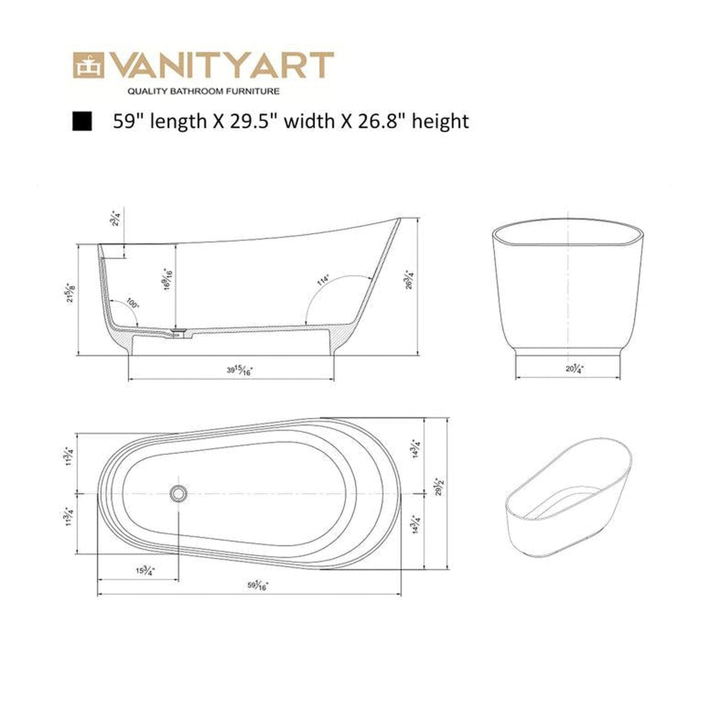 Vanity Art 59" Glossy White Solid Surface Resin Stone Freestanding Flatbottom Bathtub With Overflow and Pop-up Drain