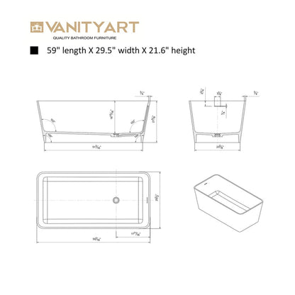 Vanity Art 59" Glossy White Solid Surface Resin Stone Freestanding Soaking Tub With Slotted Overflow and Pop-up Drain