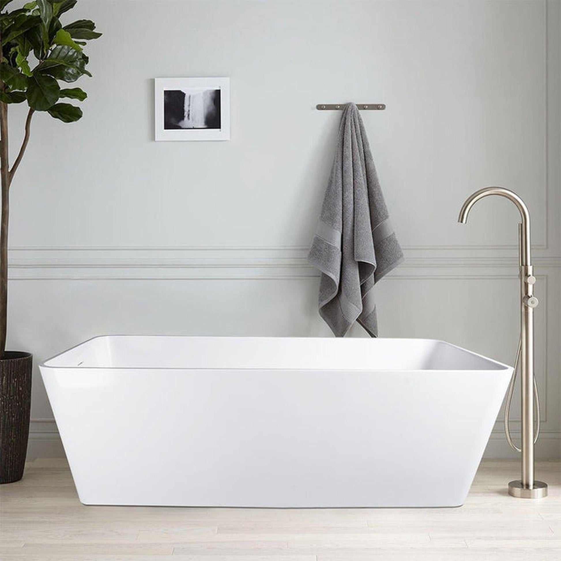 Vanity Art 59" Glossy White Solid Surface Resin Stone Freestanding Soaking Tub With Slotted Overflow and Pop-up Drain