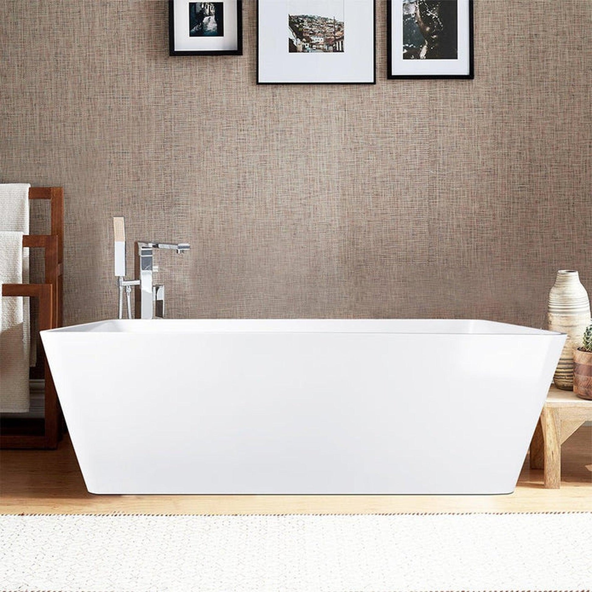 Vanity Art 59" Glossy White Solid Surface Resin Stone Freestanding Soaking Tub With Slotted Overflow and Pop-up Drain