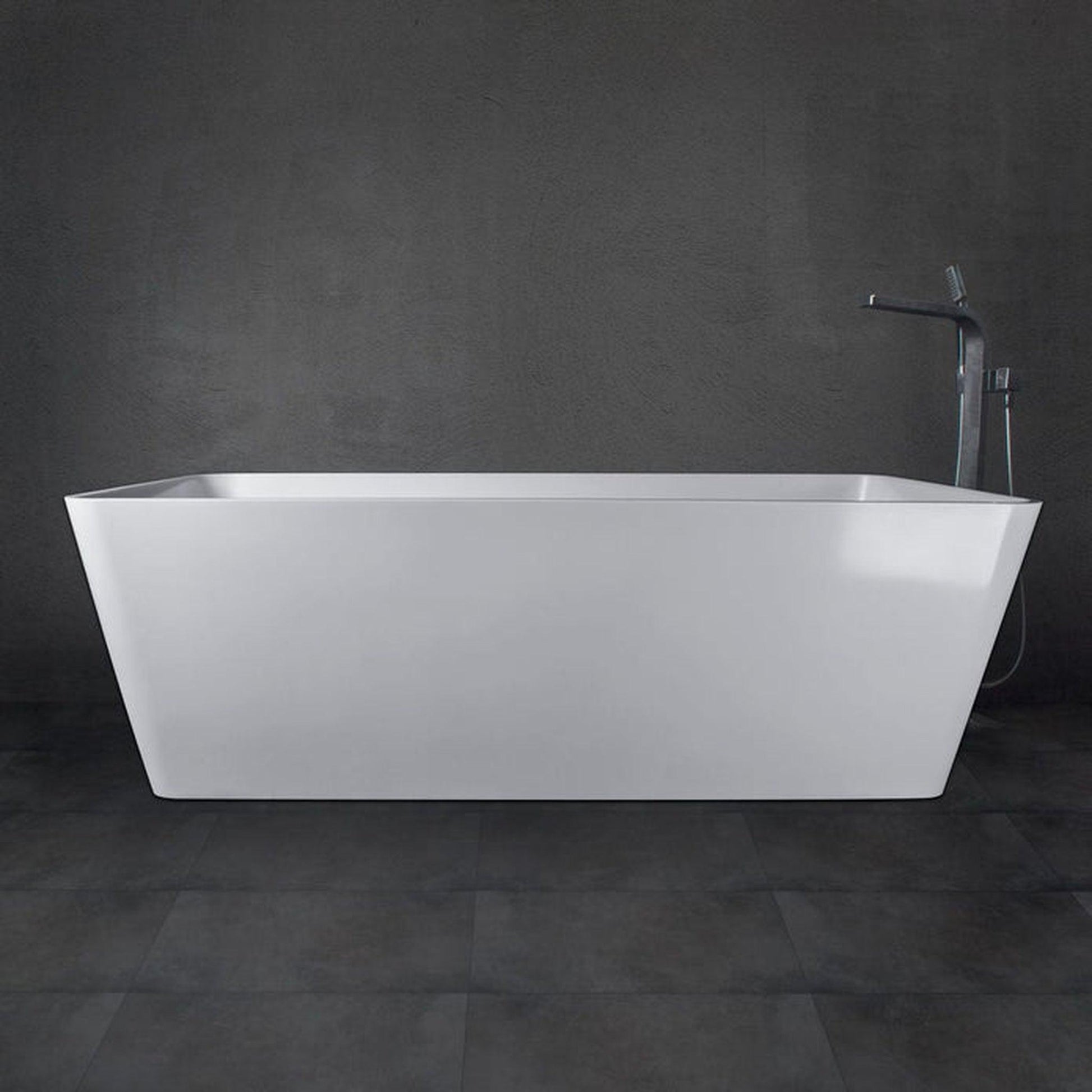 Vanity Art 59" Glossy White Solid Surface Resin Stone Freestanding Soaking Tub With Slotted Overflow and Pop-up Drain