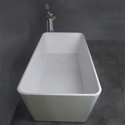 Vanity Art 59" Glossy White Solid Surface Resin Stone Freestanding Soaking Tub With Slotted Overflow and Pop-up Drain